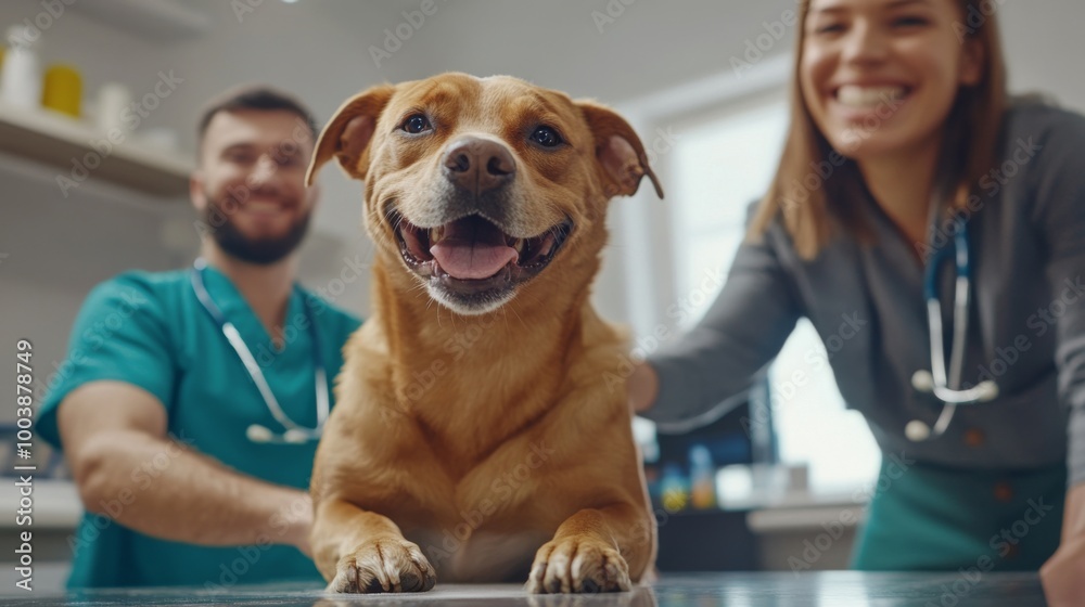 Φωτογραφία An engaging image of a veterinarian demonstrating proper pet grooming techniques to a pet owner, with a happy dog on the table, highlighting education and pet care
