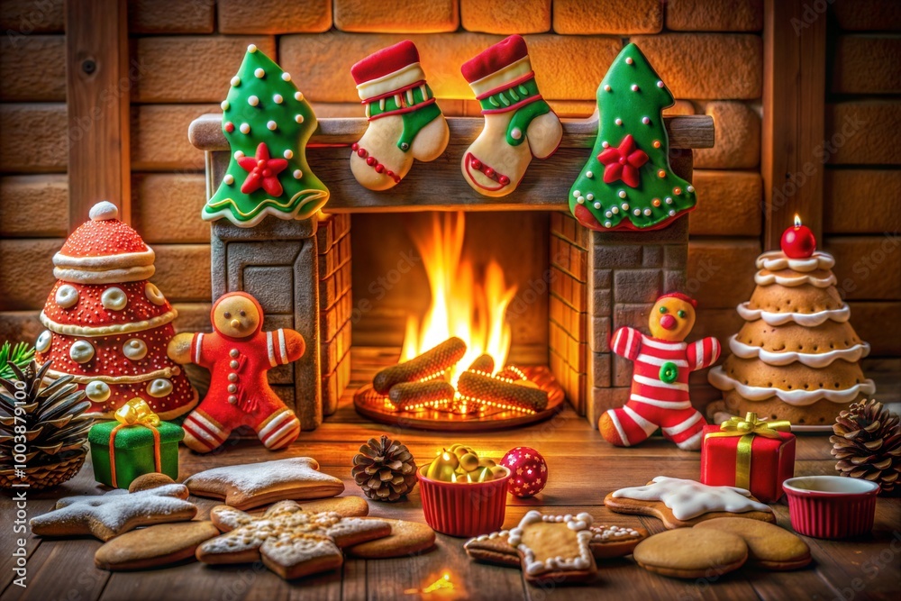 Fototapeta premium christmas gingerbread cookies fir trees gifts holiday decorations cozy fireplace, happiness peace joy warmth