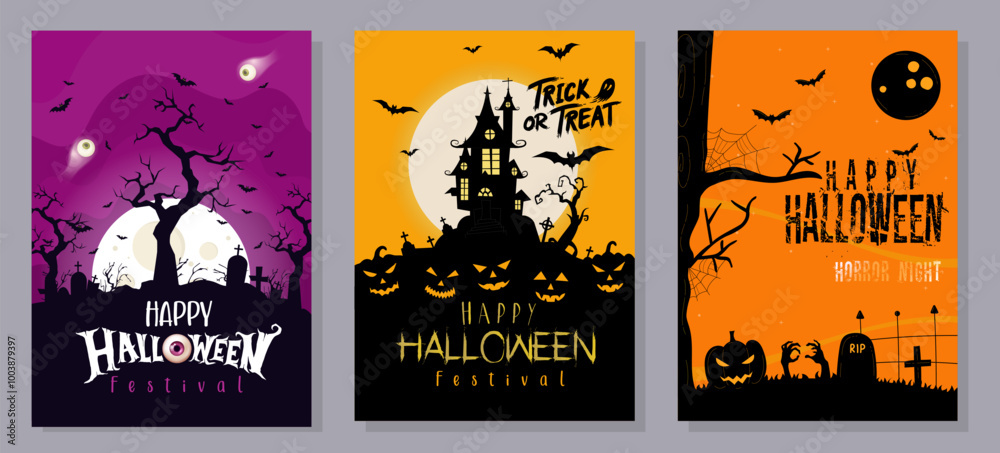 Happy Halloween posters set with night clouds and pumpkins in paper-cut style. Vector illustration. Full moon, witch cauldron, spider web, and flying bat. Happy Halloween posters set with night clouds and pumpkins in paper-cut style. Vector illustration. Full moon, witch cauldron, spider web, and flying bat.