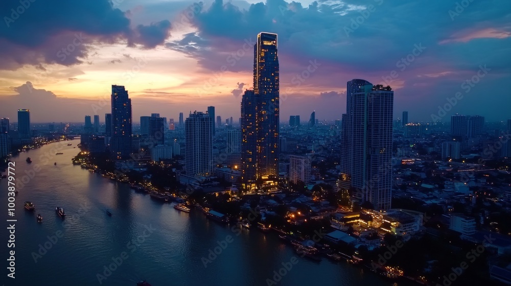 Fototapeta premium Skyline of modern Bangkok, Thailand. Majestic skyscrapers on the waterfront under the cloudy sky at twilight time.