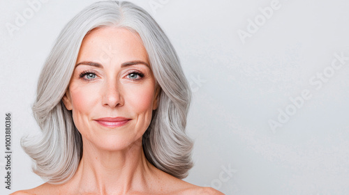 Elegant woman with silver hair showcasing natural beauty against a neutral background