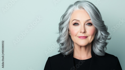 Elegant older woman with silver hair poses confidently against a light background