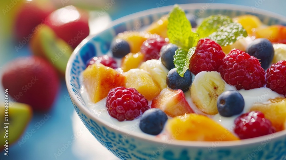 An inviting image of a bowl filled with fresh fruit drizzled with condensed milk, set on a bright table, showcasing a refreshing and indulgent summer treat. An inviting image of a bowl filled with fresh fruit drizzled with condensed milk, set on a bright table, showcasing a refreshing and indulgent summer treat.