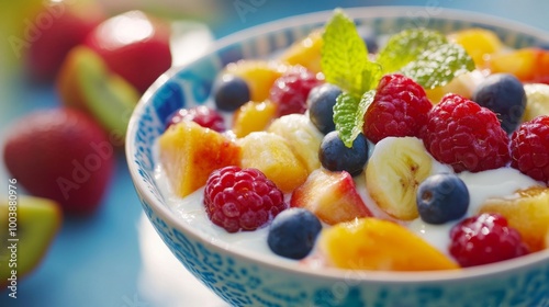 An inviting image of a bowl filled with fresh fruit drizzled with condensed milk, set on a bright table, showcasing a refreshing and indulgent summer treat.