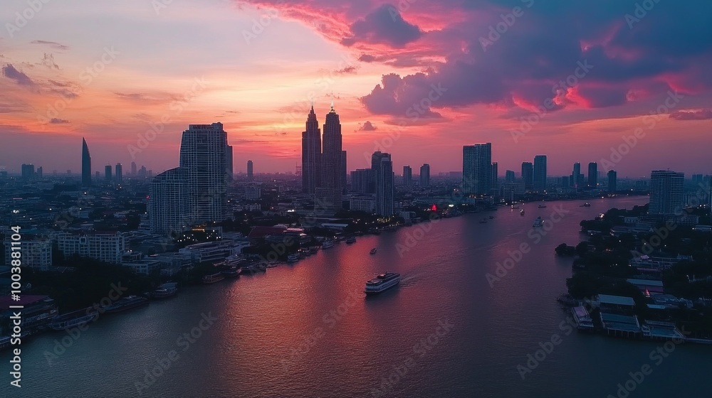custom made wallpaper toronto digitalSkyline of modern Bangkok, Thailand. Majestic skyscrapers on the waterfront under the cloudy sky at twilight time.