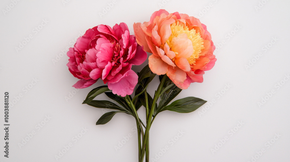 Beautifully arranged artificial peonies in pink and orange on a light background Beautifully arranged artificial peonies in pink and orange on a light background