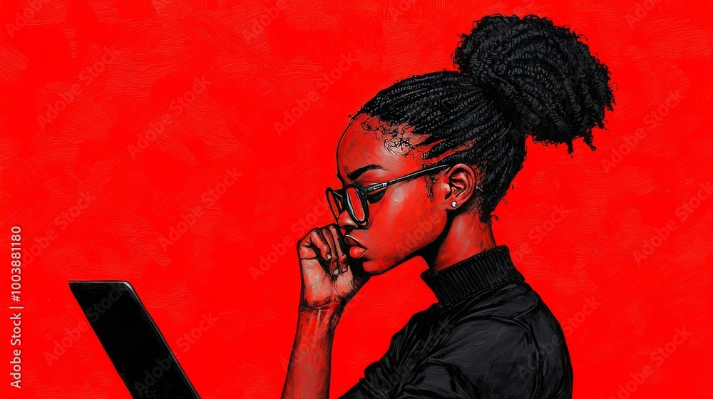 Young woman in glasses deep in thought while using a laptop on a vibrant red background. Young woman in glasses deep in thought while using a laptop on a vibrant red background.