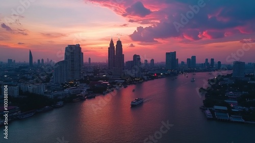 Skyline of modern Bangkok, Thailand. Majestic skyscrapers on the waterfront under the cloudy sky at twilight time.