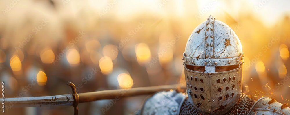 A knight in shining armor stands ready for battle during a dawn ...
