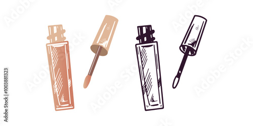 Doodle and flat style lip gloss, liquid lipstick or liquid eye shadow, beauty cosmetic element, self care. Illustration for beauty salon, cosmetic store, makeup design. Doodle sketch style.