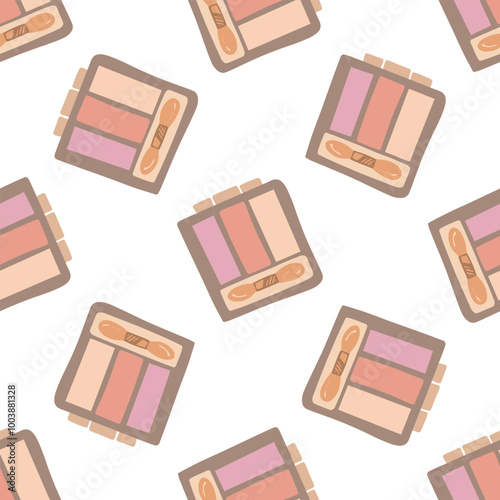 Flat style eyeshadow palette, beauty cosmetic element, self care seamless pattern. Illustration for beauty salon, cosmetic store, makeup design. Doodle sketch style.