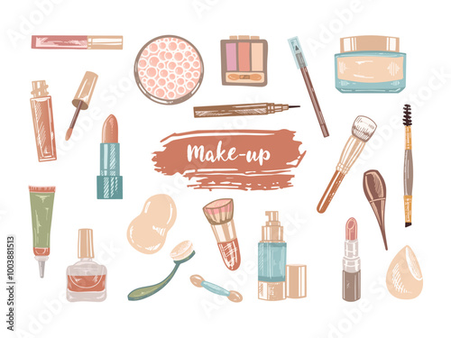 A set of flat style sketches of cosmetics, beauty, self-care elements.  Illustration for beauty salon, cosmetic store, makeup design. Engraved image.