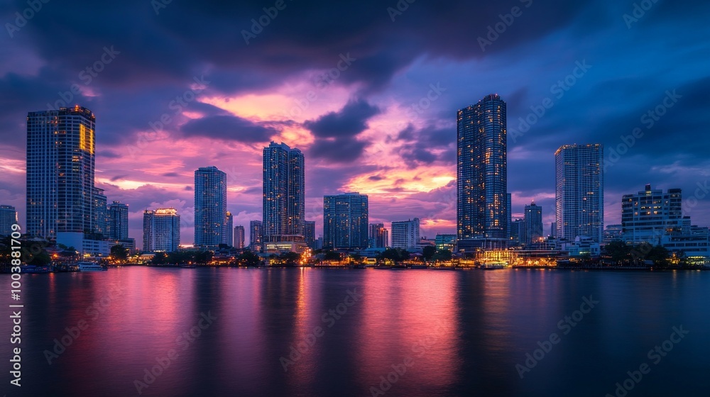 Skyline of modern Bangkok, Thailand. Majestic skyscrapers on the waterfront under the cloudy sky at twilight time. Skyline of modern Bangkok, Thailand. Majestic skyscrapers on the waterfront under the cloudy sky at twilight time.