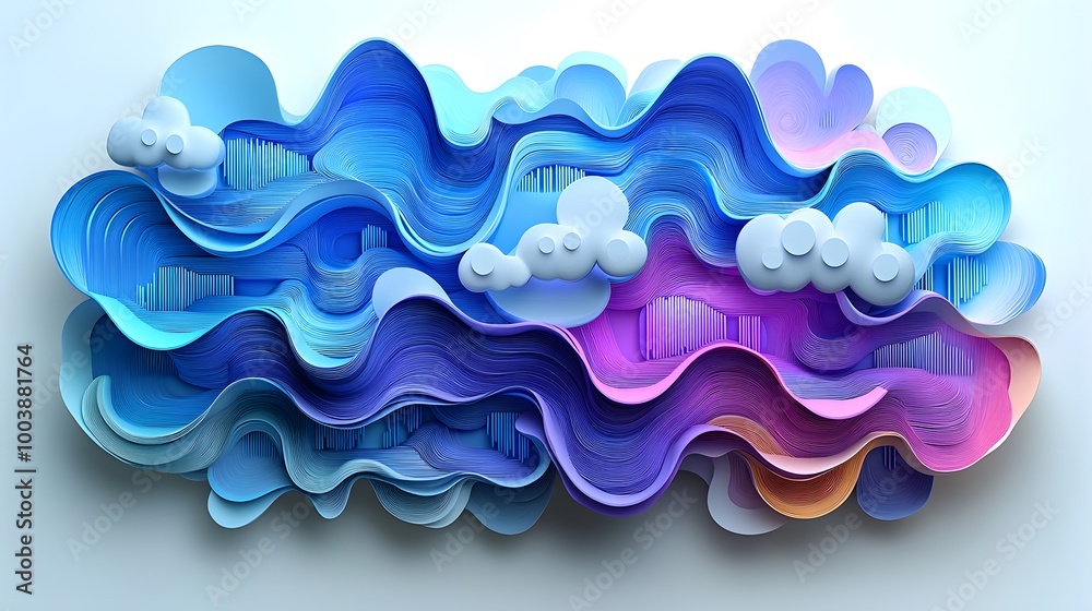 3D Swirling Cloud Illustration with Colorful Data Patterns 3D Swirling Cloud Illustration with Colorful Data Patterns