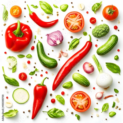 Colorful Fresh Vegetables and Herbs on white background, wallpaper