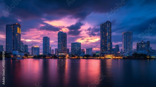 Skyline of modern Bangkok, Thailand. Majestic skyscrapers on the waterfront under the cloudy sky at twilight time.