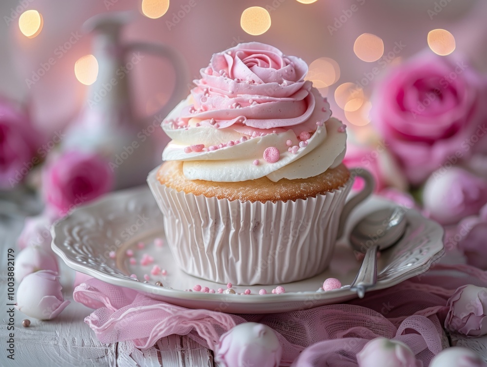 A cupcake with pink frosting and a pink rose on top sits on a white plate A cupcake with pink frosting and a pink rose on top sits on a white plate