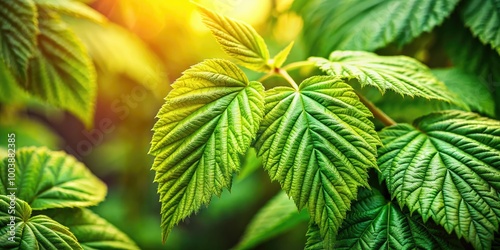Lush green raspberry leaves showcased against a softly focused natural backdrop, illuminated by warm lighting that enhances the vibrant hues and serene atmosphere.