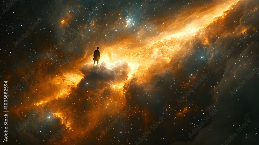 Man Standing on Cloud in Cosmic Scene with Stars Man Standing on Cloud in Cosmic Scene with Stars