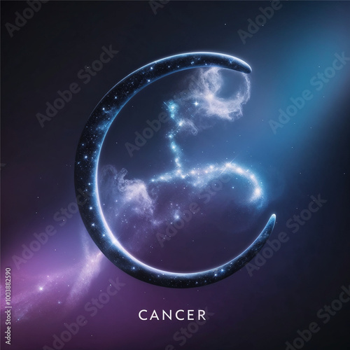 Representation of the Cancer zodiac sign, featuring a glowing, celestial design with cosmic elements in purple and blue hues. Mysticism, astrology, horoscopes, constellations, cosmic universe. photo