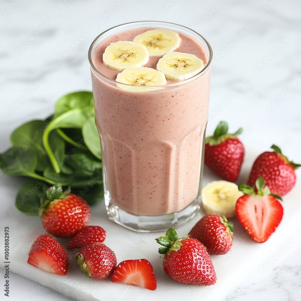 Refreshing strawberry banana smoothie in a tall glass. Topped with fresh banana slices. Perfect for healthy lifestyles and summer days. Great for breakfast or snacks. AI Refreshing strawberry banana smoothie in a tall glass. Topped with fresh banana slices. Perfect for healthy lifestyles and summer days. Great for breakfast or snacks. AI