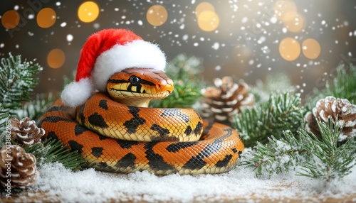 Festive Snake in Santa Hat Celebrating Christmas and New Year 2025 with Winter Holiday Spirit