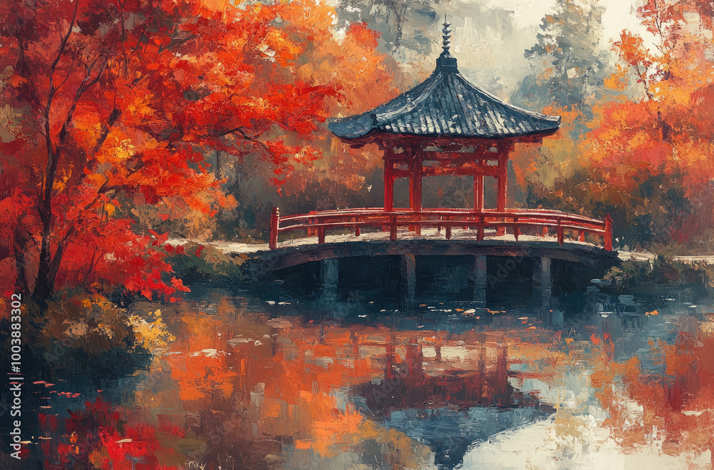 Autumn Scene in a Japanese Park: An Impressionist Painting Celebrating Nature's Seasonal Changes Autumn Scene in a Japanese Park: An Impressionist Painting Celebrating Nature's Seasonal Changes