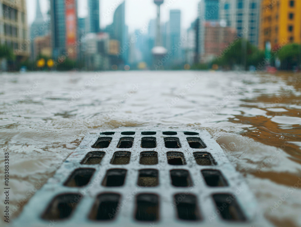 City streets flood as storm drains overflow under heavy rainfall. The ...