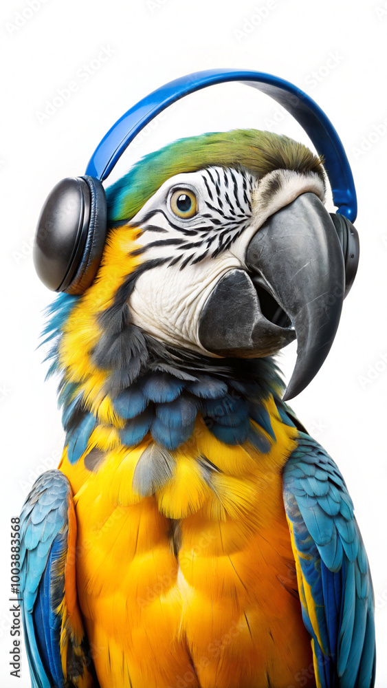 Fototapeta premium blue and yellow macawparrot, bird, macaw, animal, blue, yellow, beak, tropical, colorful, ara, nature, feather, pet, zoo, wildlife, color, exotic, wild, green, isolated, ara ararauna, white, ararauna,