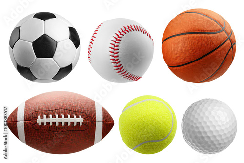 Photography collage of Balls, soccer, football, baseball, basketball, rugby, tennis, golf, i