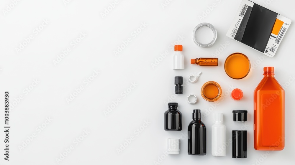 Assorted Bottles and Containers on White Background Assorted Bottles and Containers on White Background