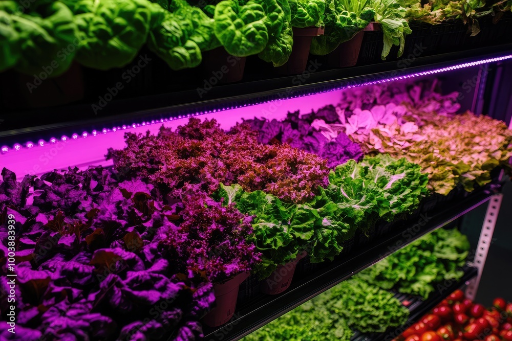 Obraz premium Fresh produce under LED lights. This image is perfect for showcasing the benefits of controlled environment agriculture.