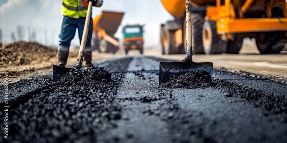 Close-up of asphalt being laid on a road with two shovels. Close-up of asphalt being laid on a road with two shovels.