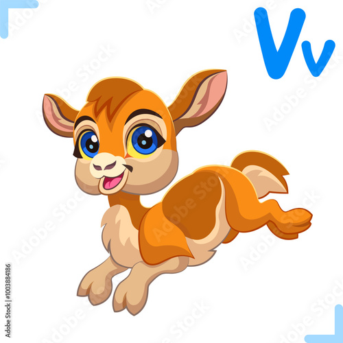 Vector cartoon illustration of a vicuna with letter "V" - design for English alphabet for children. Collection of cute animals and letters.