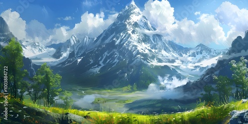 A painting of a mountain with a green background 