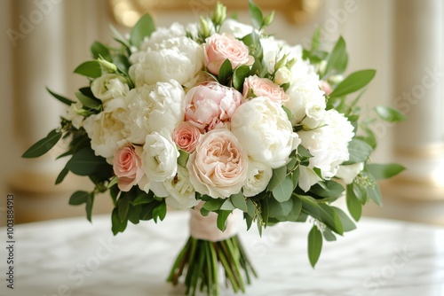 wedding flower arrangements, stunning bridal bouquet with lush greenery, white roses, and soft pink peonies for a classic look for the bride