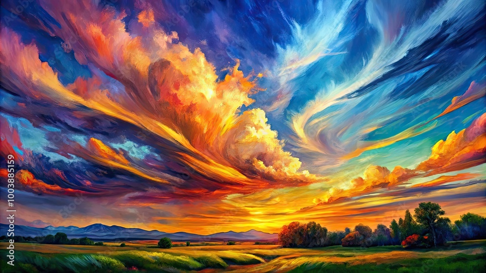 Swirling clouds dance above a vivid landscape, rendered in striking colors and bold brushstrokes, creating an emotional symphony of expressionist beauty and natural energy. Swirling clouds dance above a vivid landscape, rendered in striking colors and bold brushstrokes, creating an emotional symphony of expressionist beauty and natural energy.