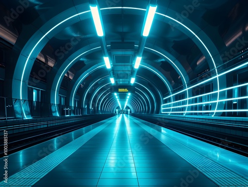 Futuristic Bioluminescent Train Station with Glowing Platforms and Waiting Areas