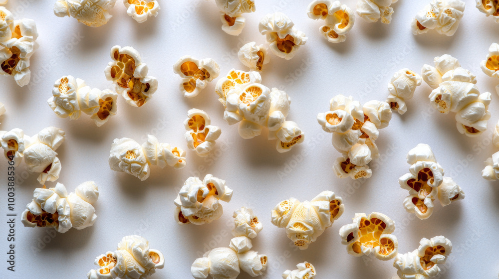 Freshly popped popcorn scattered on a light surface for a snack or movie night Freshly popped popcorn scattered on a light surface for a snack or movie night