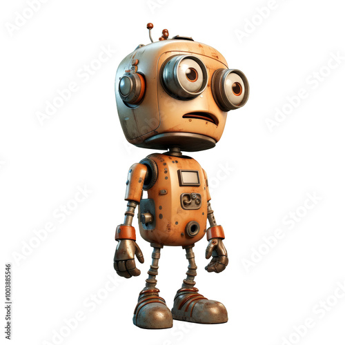 A delightful PNG file of a little robot 3D animation character with big, expressive eyes, gazing thoughtfully into the distance, set against a clear background that emphasizes its cute features.