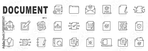 Set of document related line icons. Folder,  page, file, website etc. Editable stroke. Set 2