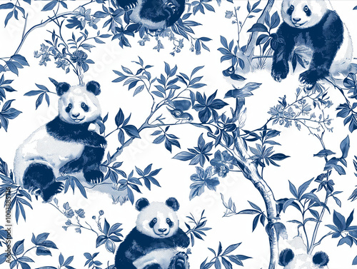 Panda bears among leafy branches in blue and white seamless illustration