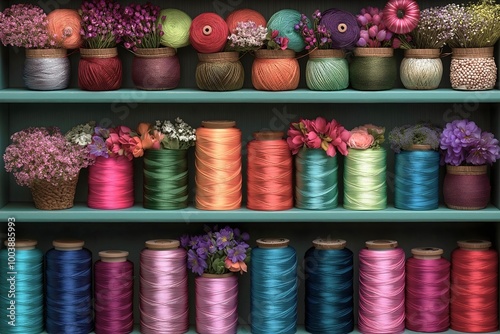 Organized craft shelf displays vibrant array of crafting supplies, rich colors and diverse textures. Rows of shimmering beads, spools of thread.