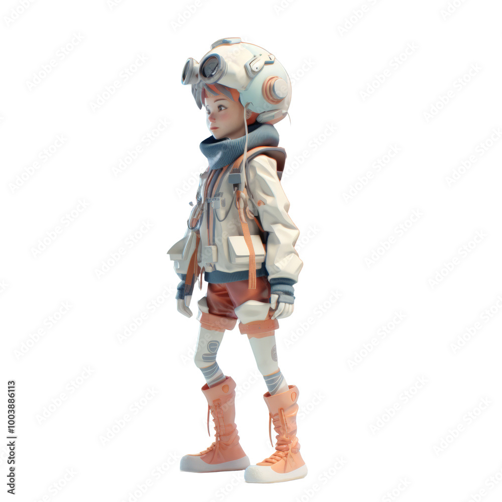 A captivating 3D animation character of a child in a sleek spacesuit, gazing thoughtfully into the distance, set against a clear background that emphasizes the futuristic design of the suit. A captivating 3D animation character of a child in a sleek spacesuit, gazing thoughtfully into the distance, set against a clear background that emphasizes the futuristic design of the suit.