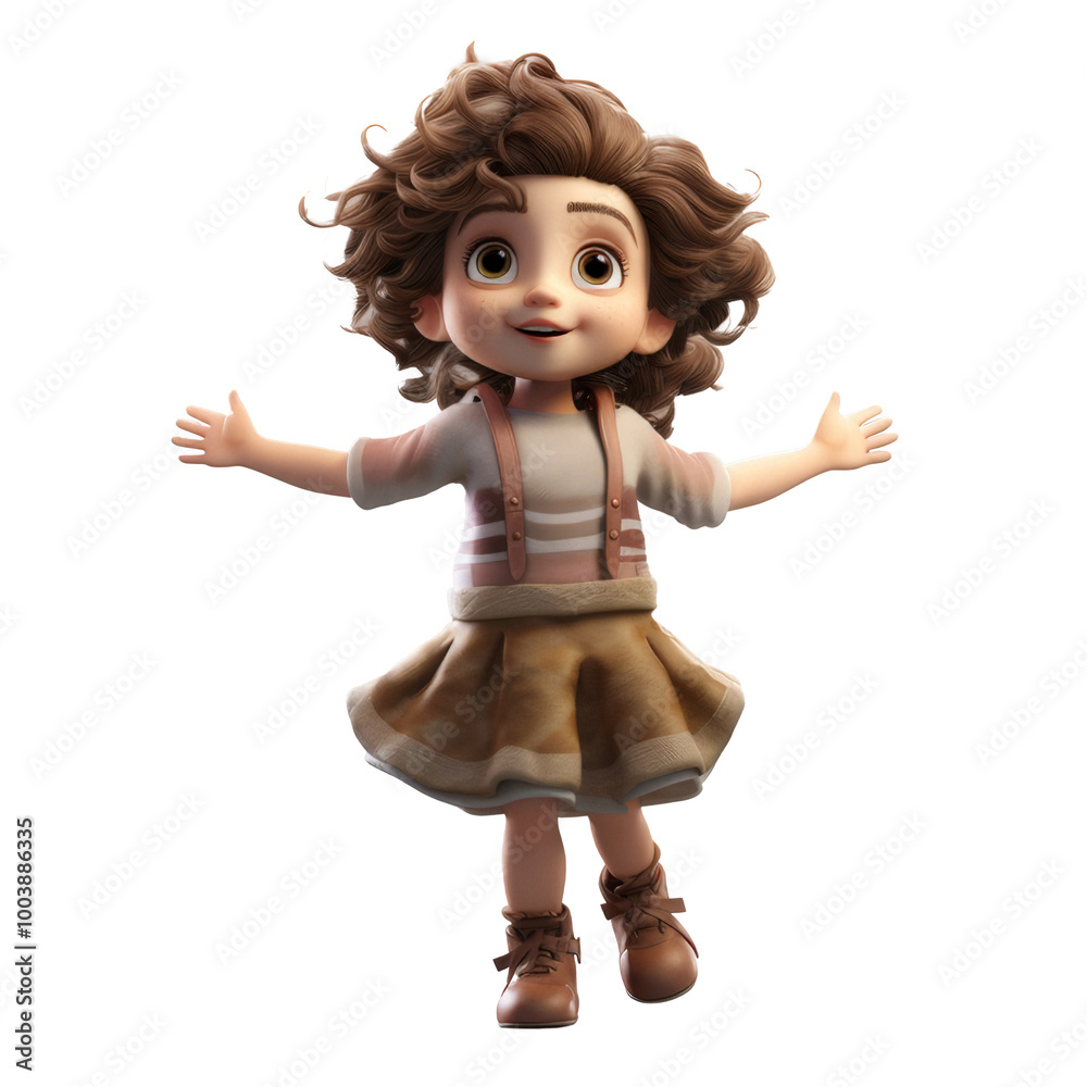 A lively 3D animation character of a little girl running with open arms and a smile, set against a clear background that emphasizes her playful spirit, perfect for various creative projects. A lively 3D animation character of a little girl running with open arms and a smile, set against a clear background that emphasizes her playful spirit, perfect for various creative projects.