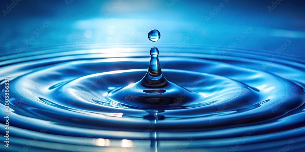 Low angle view of blue water drop falling down circles on abstract background Low angle view of blue water drop falling down circles on abstract background