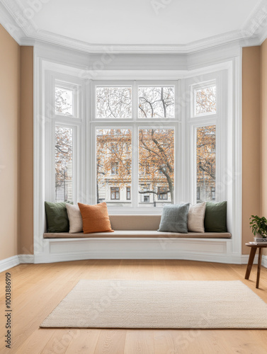 Cozy bay window nook with cushions and a view of autumn trees in a warm-toned living room