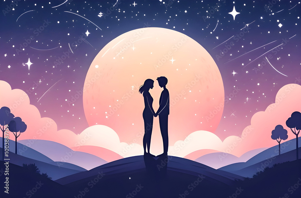 a romantic moment as a couple holding hands, sharing a quiet moment under a starry sky a romantic moment as a couple holding hands, sharing a quiet moment under a starry sky
