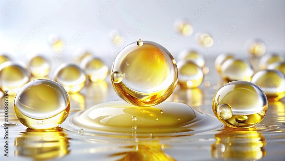 Low angle view of cosmetic gel or oil healing serum drops falling on white background Low angle view of cosmetic gel or oil healing serum drops falling on white background