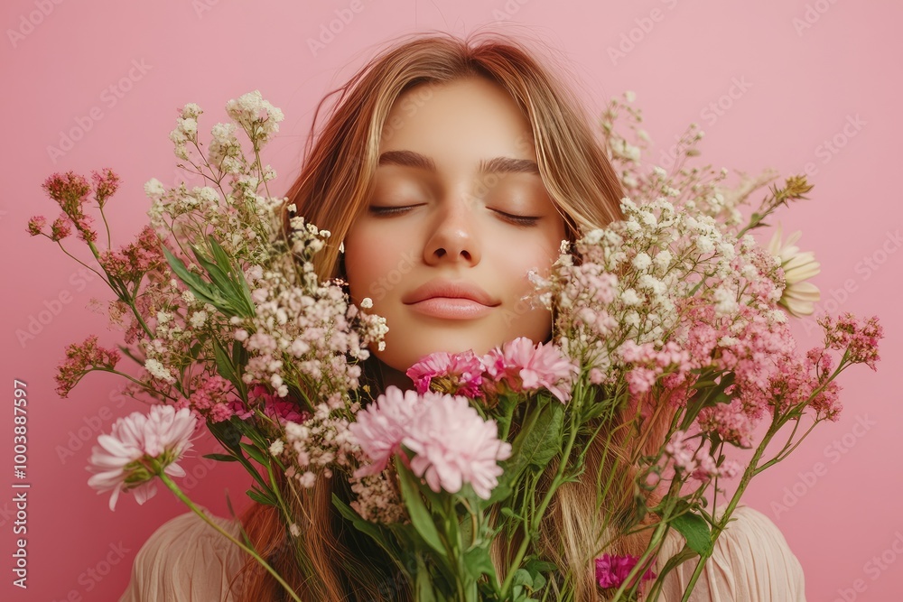 Woman with closed eyes in a bouquet. This photo is perfect for promoting beauty products or feminine concepts.